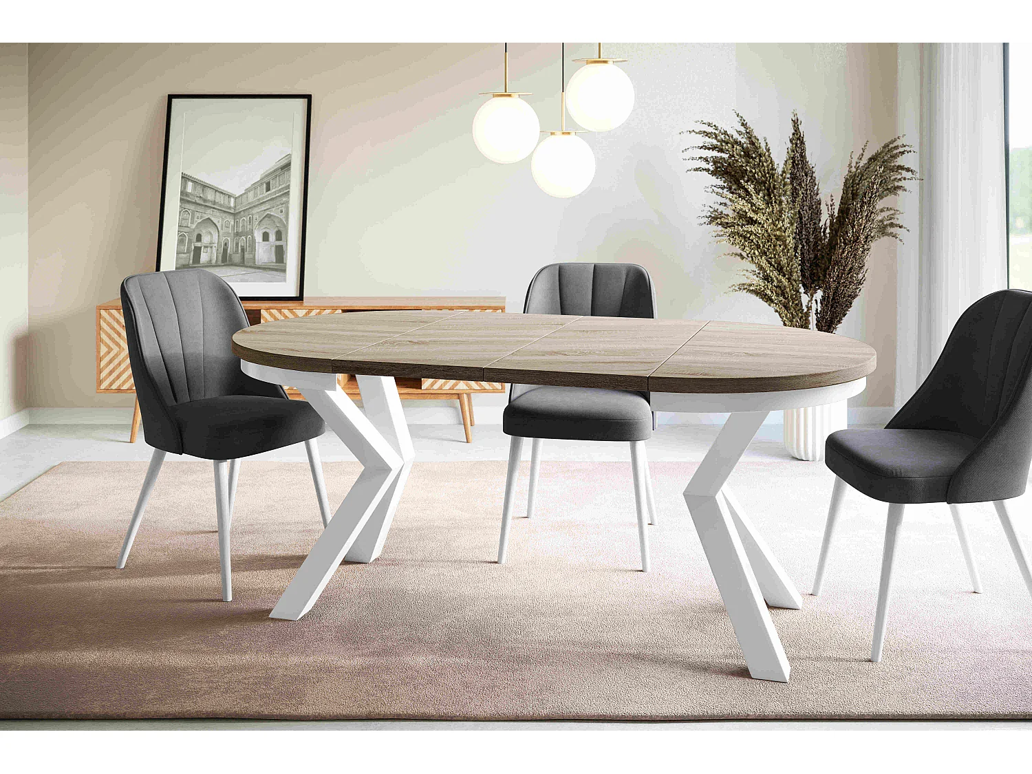 Table de salle à manger ronde LOFT, table à rallonges Diamètre : 100 cm/180 cm, couleur de la table basse : beige, avec pieds métalliques de couleur blanche