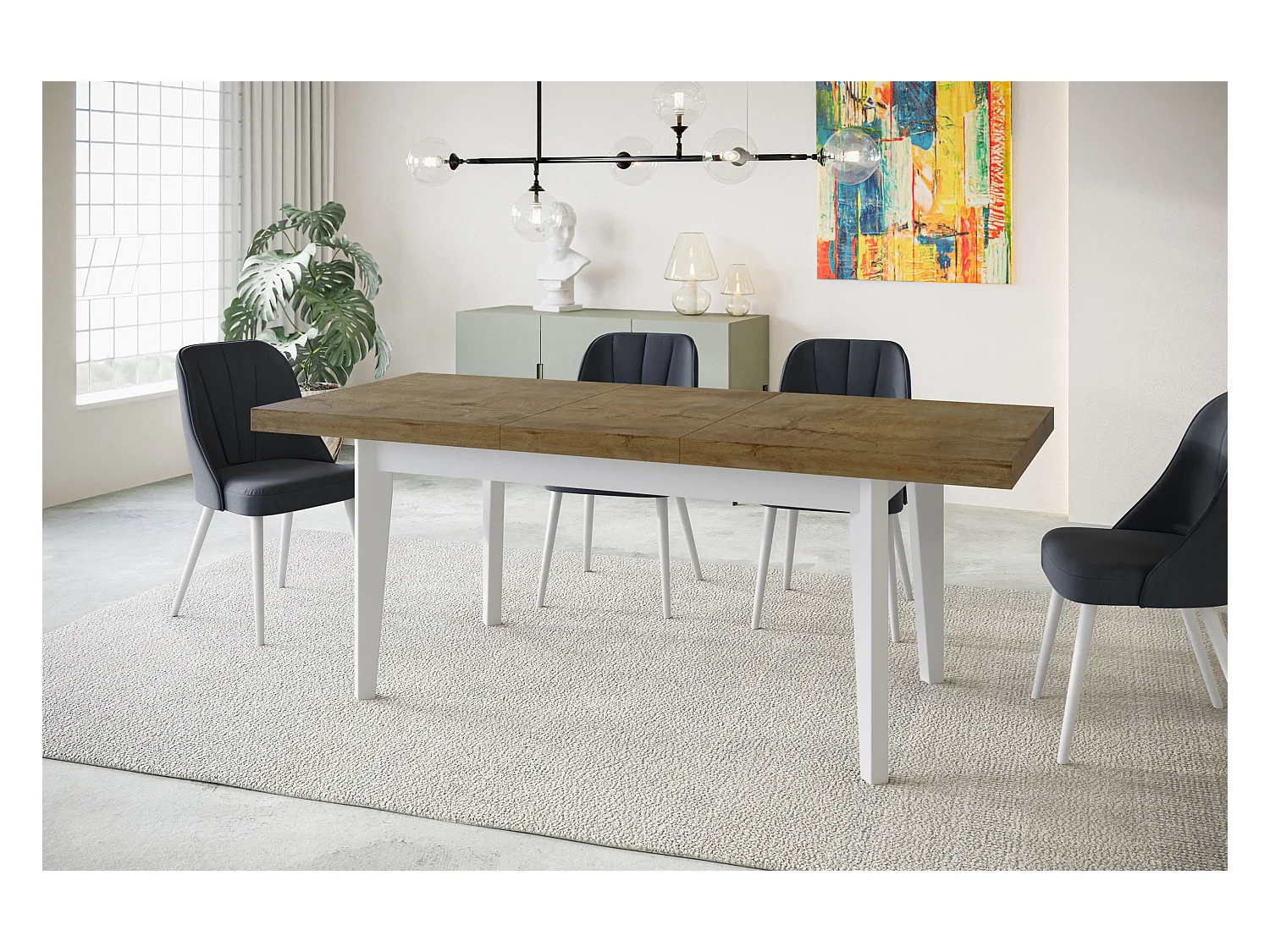 Table de salle à manger rectangulaire SKANDI, table à rallonges, dimensions: 120-160X80X78 cm, couleur: LEFKAS, avec pieds en bois blanc