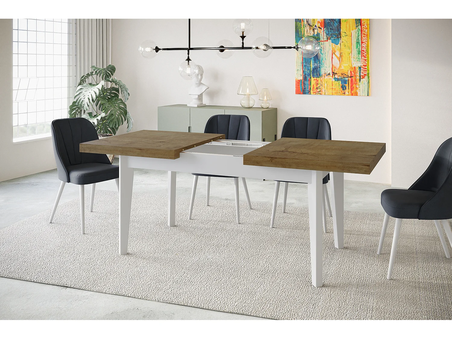 Table de salle à manger rectangulaire SKANDI, table à rallonges, dimensions: 120-160X80X78 cm, couleur: LEFKAS, avec pieds en bois blanc