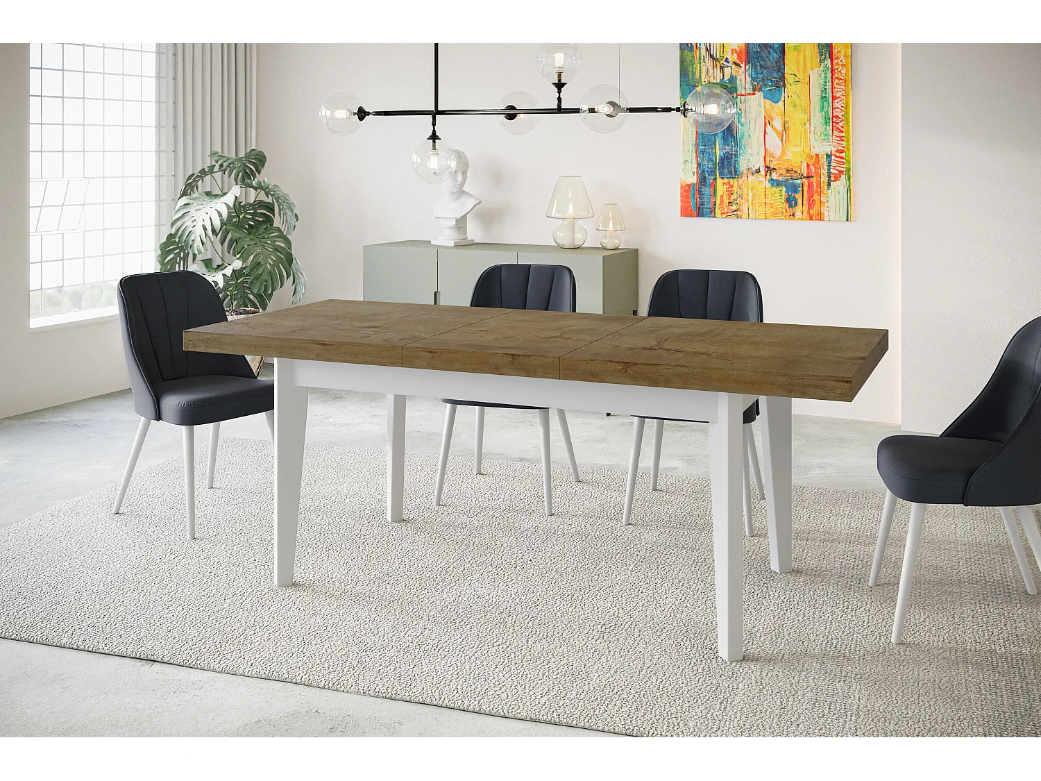 Table de salle à manger rectangulaire SKANDI, table à rallonges, dimensions: 120-160X80X78 cm, couleur: LEFKAS, avec pieds en bois blanc