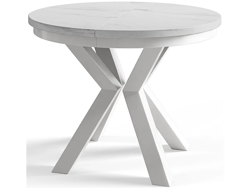 Table de salle à manger ronde LOFT, table à rallonges Diamètre : 120 cm/200 cm, couleur de la table basse : gris clair, avec pieds métalliques blancs