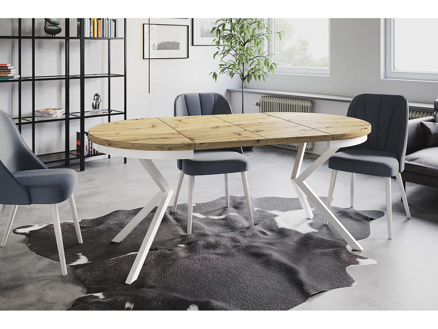 Table de salle à manger ronde BERGO, table à rallonges Diamètre : 100 cm/180 cm, couleur de la table basse : brun mat, avec pieds métalliques de couleur blanche