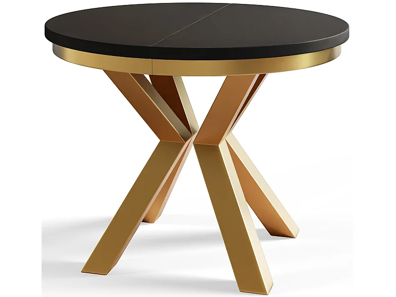 Table de salle à manger ronde LOFT, table à rallonges Diamètre : 120 cm/200 cm, couleur de la table basse : noir, avec pieds métalliques couleur or