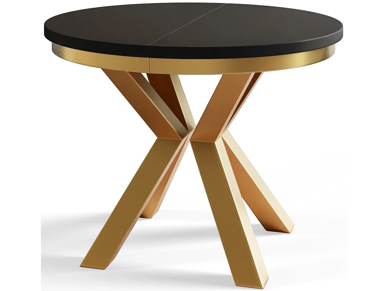 Table de salle à manger ronde LOFT, table à rallonges Diamètre : 120 cm/200 cm, couleur de la table basse : noir, avec pieds métalliques couleur or