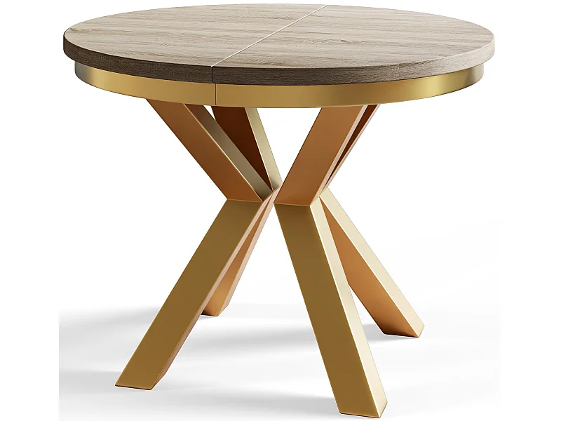 Table de salle à manger ronde LOFT, table à rallonges Diamètre : 100 cm/180 cm, couleur de la table basse : beige, avec pieds métalliques couleur or