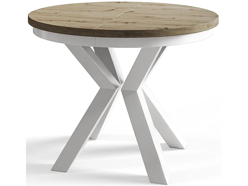 Table de salle à manger ronde LOFT, table à rallonges Diamètre : 100 cm/180 cm, couleur de la table basse : brun mat, avec pieds métalliques blancs