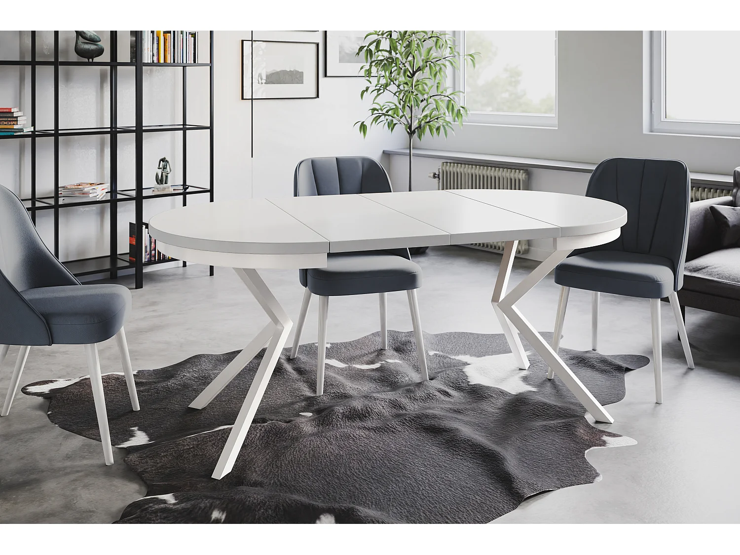 Table de salle à manger ronde BERGO, table à rallonges Diamètre : 90 cm/170 cm, couleur de la table basse : blanc, avec pieds métalliques de couleur blanche