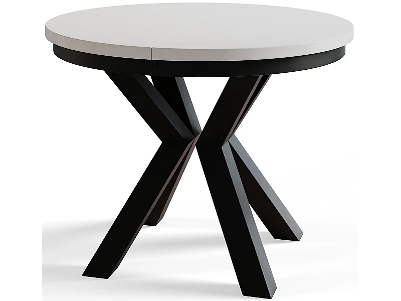 Table de salle à manger ronde LOFT, table à rallonges Diamètre : 120 cm/200 cm, couleur de la table basse : blanc, avec pieds métalliques de couleur noir