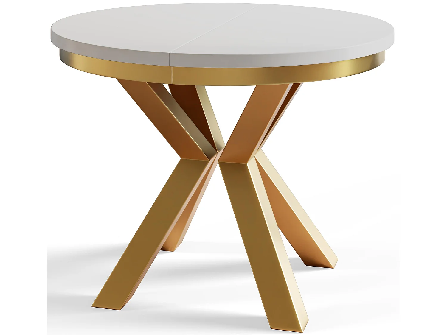 Table de salle à manger ronde LOFT, table à rallonges Diamètre : 120 cm/200 cm, couleur de la table de salon : blanc, avec pieds métalliques couleur or