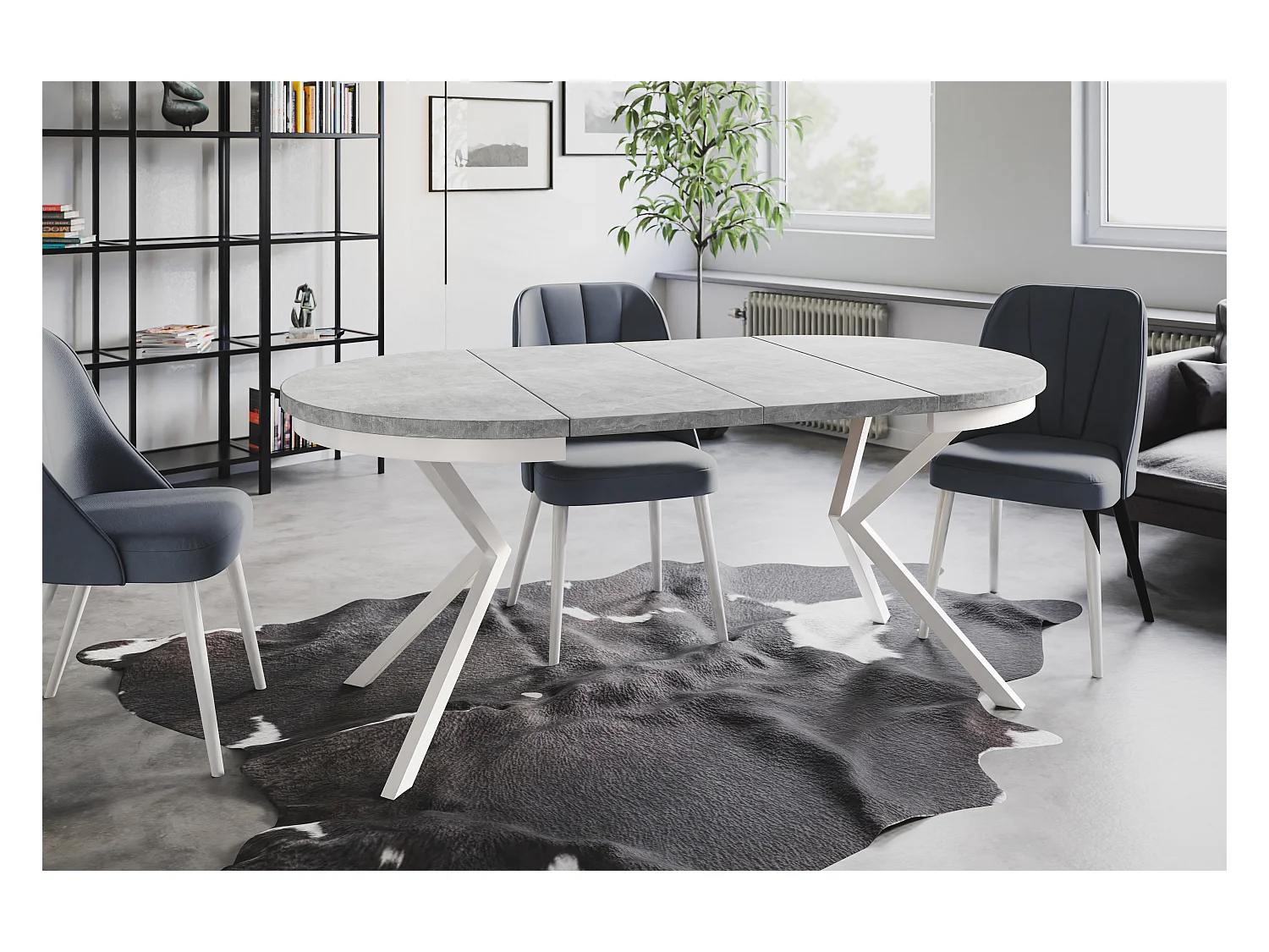 Table de salle à manger ronde BERGO, table à rallonges Diamètre : 100 cm/180 cm, couleur de la table basse : gris clair, avec pieds métalliques de couleur blanche