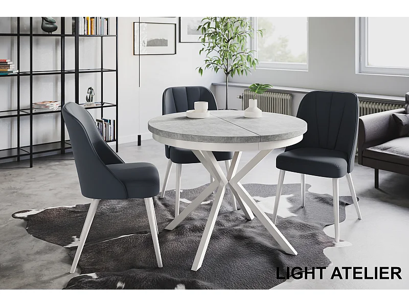 Table de salle à manger ronde BERGO, table à rallonges Diamètre : 100 cm/180 cm, couleur de la table basse : gris clair, avec pieds métalliques de couleur blanche