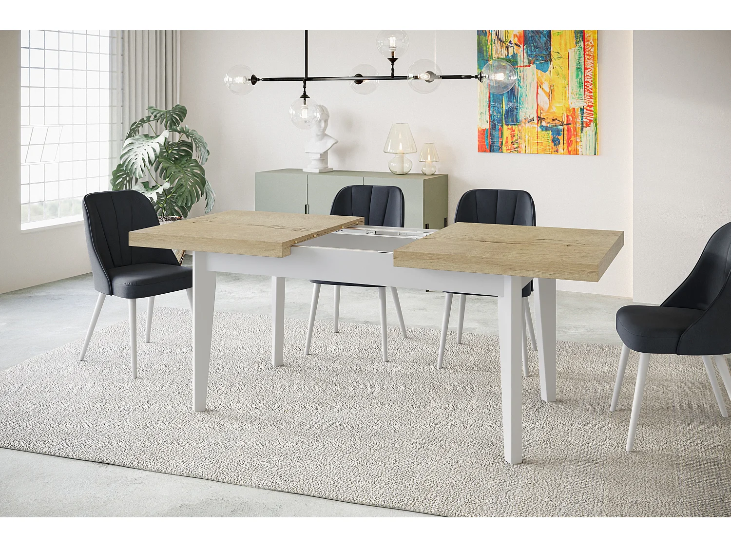 Table de salle à manger rectangulaire SKANDI, table à rallonges, dimensions: 120-160X80X78 cm, couleur: HALIFAX, avec pieds en bois blanc