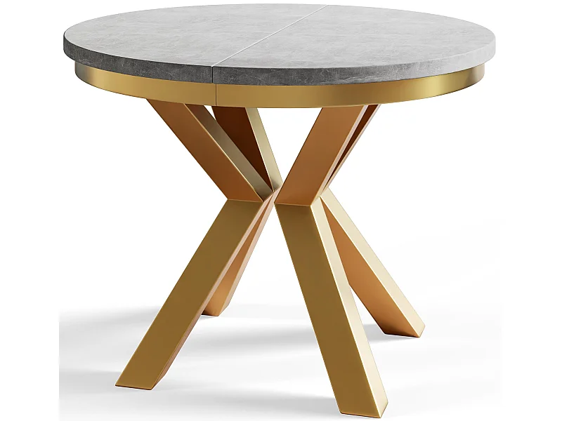 Table de salle à manger ronde LOFT, table à rallonges Diamètre : 120 cm/200 cm, table de salon Couleur : gris, avec pieds métalliques couleur or