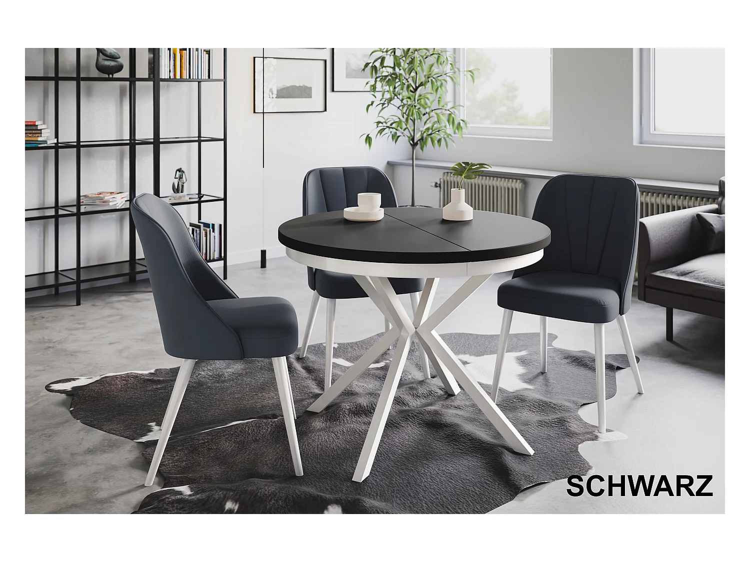 Table de salle à manger ronde BERGO, table à rallonges Diamètre : 120 cm/200 cm, couleur de la table basse : noir, avec pieds métalliques de couleur blanche