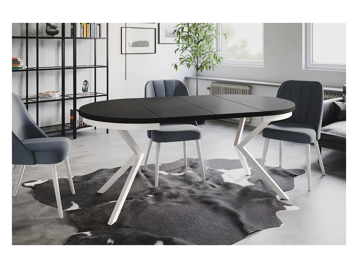 Table de salle à manger ronde BERGO, table à rallonges Diamètre : 120 cm/200 cm, couleur de la table basse : noir, avec pieds métalliques de couleur blanche