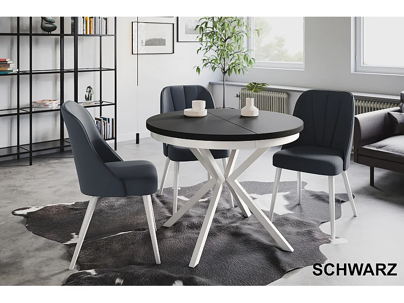 Table de salle à manger ronde BERGO, table à rallonges Diamètre : 120 cm/200 cm, couleur de la table basse : noir, avec pieds métalliques de couleur blanche