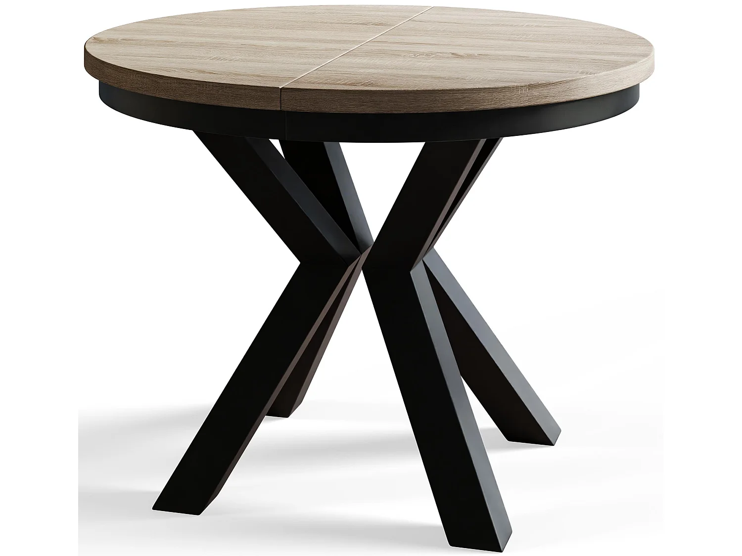 Table de salle à manger ronde LOFT, table à rallonges Diamètre : 120 cm/200 cm, couleur de la table de salon : beige, avec pieds métalliques de couleur noire