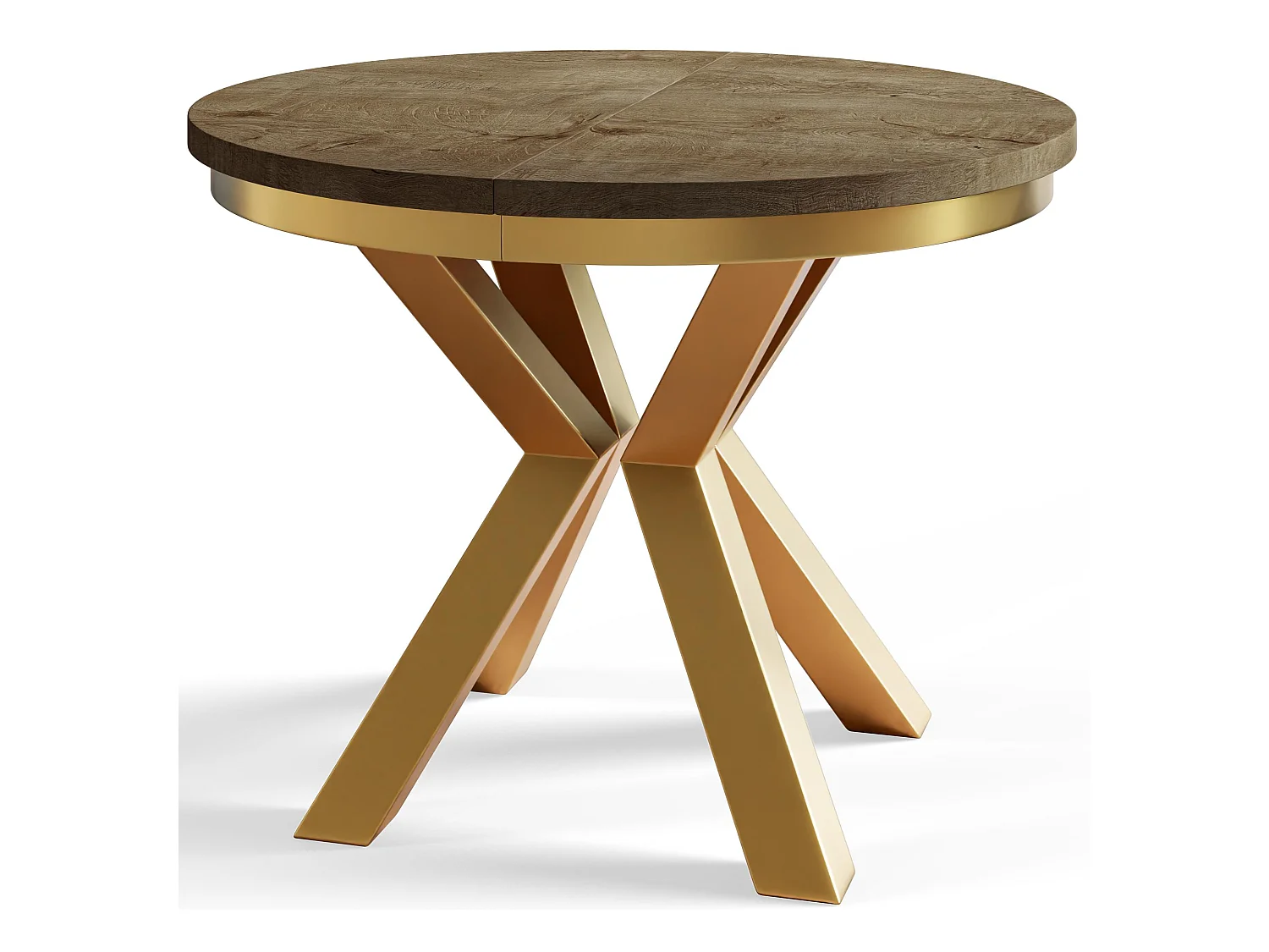 Table de salle à manger ronde LOFT, table à rallonges Diamètre : 120 cm/200 cm, couleur de la table basse : brun foncé, avec pieds métalliques couleur or