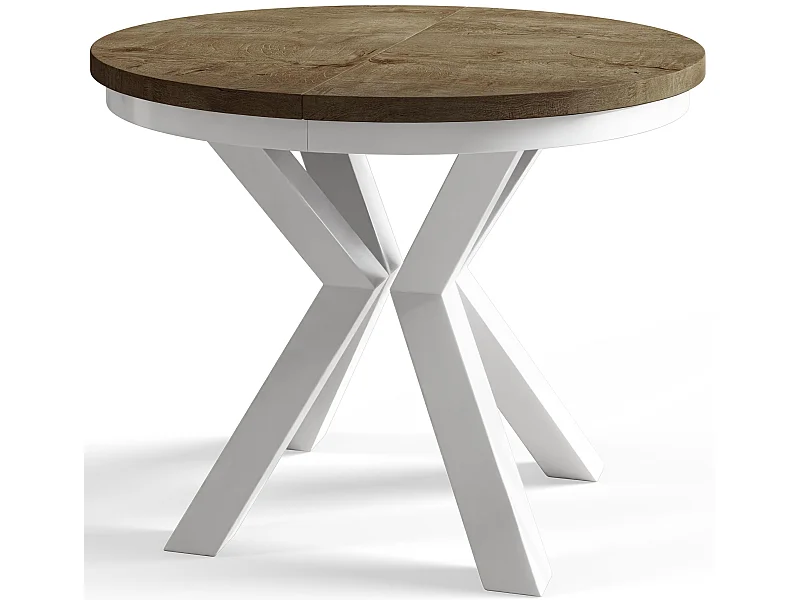 Table de salle à manger ronde LOFT, table à rallonges Diamètre : 100 cm/180 cm, couleur de la table basse : brun foncé, avec pieds métalliques de couleur blanche