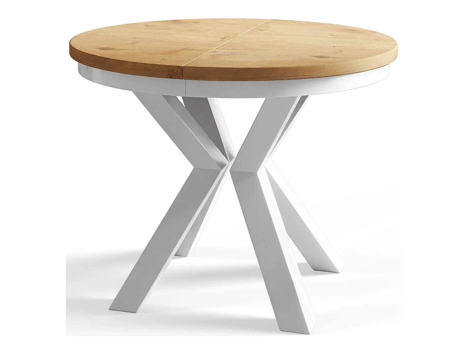 Table de salle à manger ronde LOFT, table à rallonges Diamètre : 120 cm/200 cm, couleur de la table basse : marron clair, avec pieds métalliques de couleur blanche