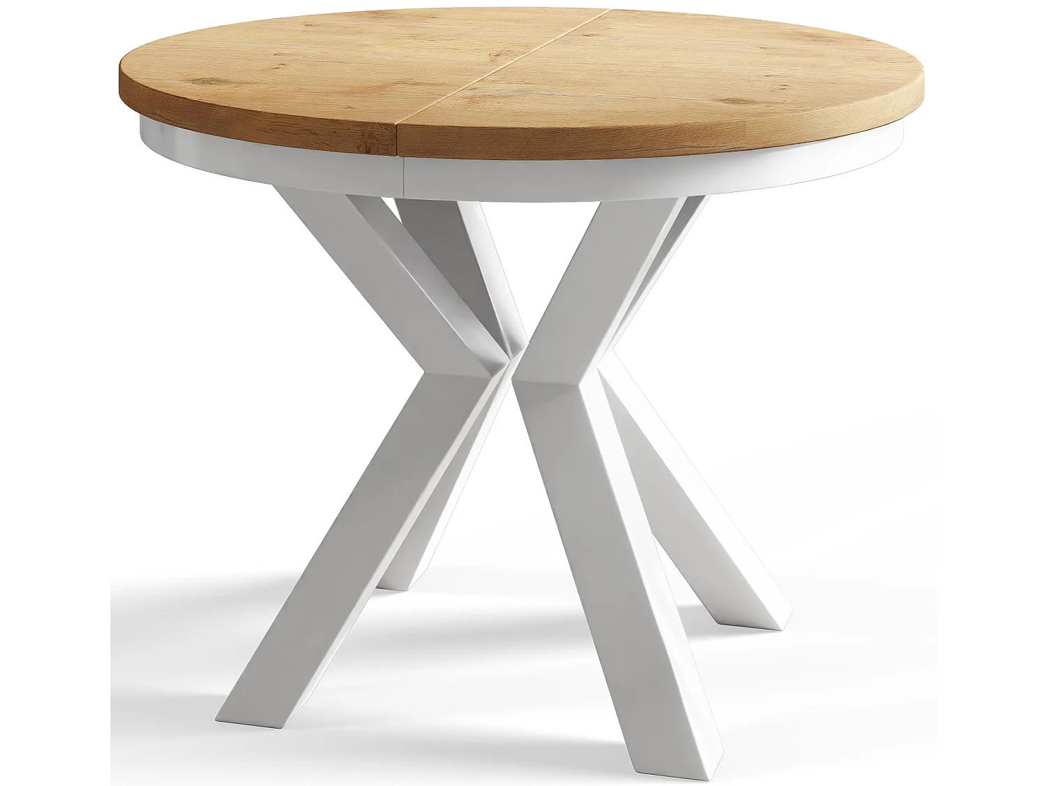 Table de salle à manger ronde LOFT, table à rallonges Diamètre : 120 cm/200 cm, couleur de la table basse : marron clair, avec pieds métalliques de couleur blanche