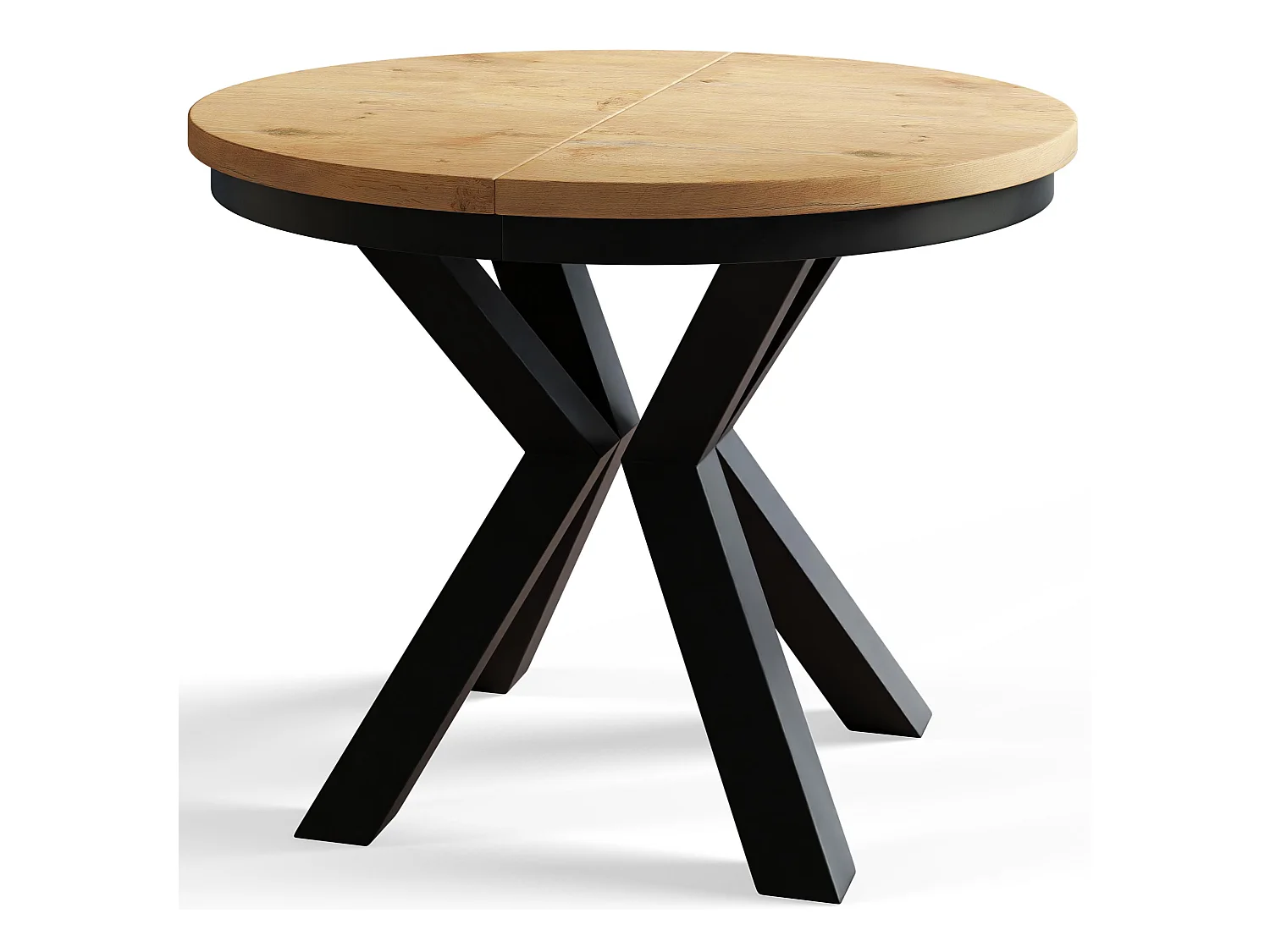 Table de salle à manger ronde LOFT, table à rallonges Diamètre : 100 cm/180 cm, couleur de la table basse : marron clair, avec pieds métalliques de couleur noire