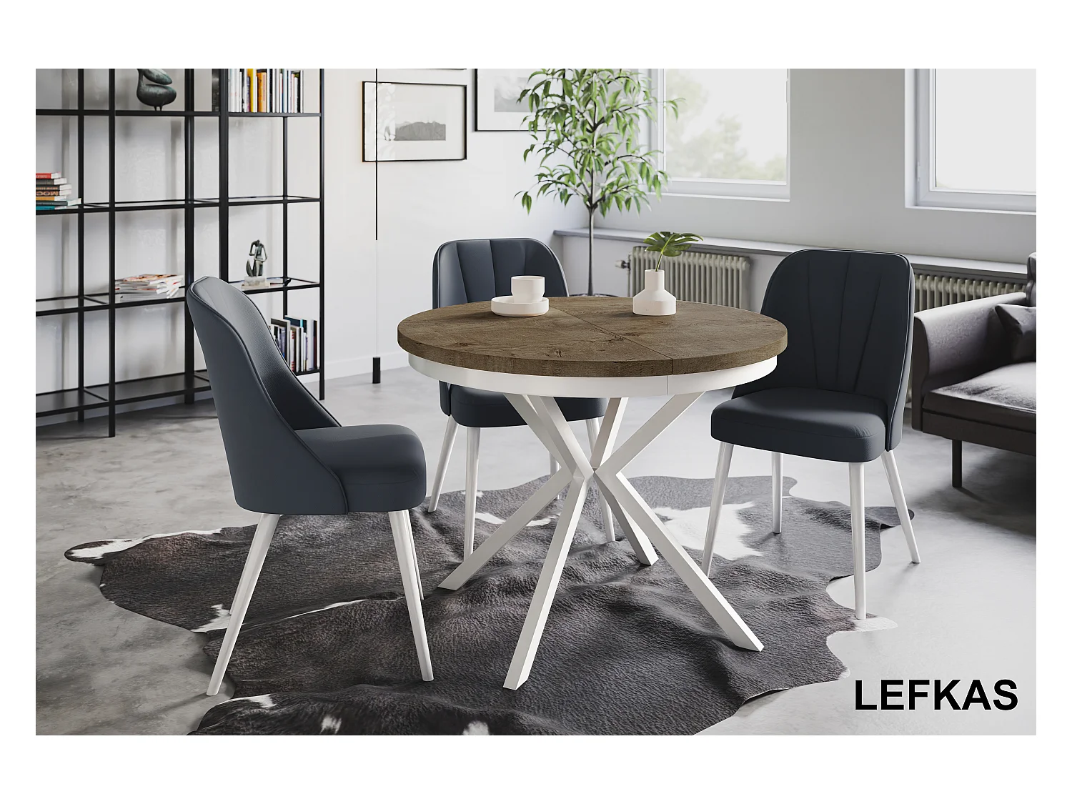 Table de salle à manger ronde BERGO, table à rallonges Diamètre : 120 cm/200 cm, couleur de la table basse : gris, avec pieds métalliques de couleur blanche