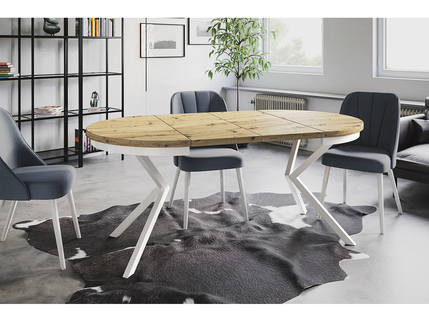 Table de salle à manger ronde BERGO, table à rallonges Diamètre : 90 cm/170 cm, couleur de la table basse : brun mat, avec pieds métalliques de couleur blanche