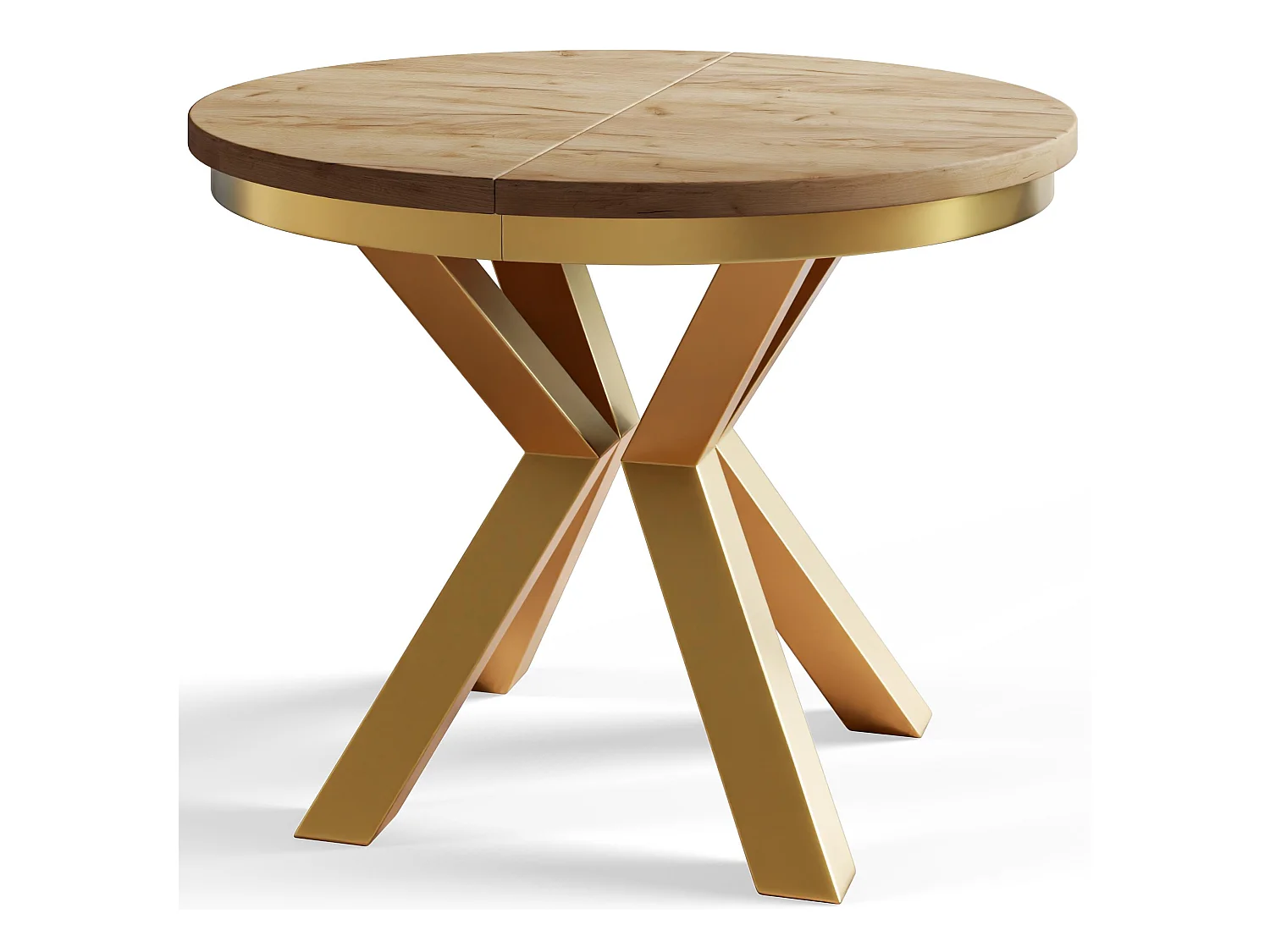 Table de salle à manger ronde LOFT, table à rallonges Diamètre : 120 cm/200 cm, couleur de la table basse : marron, avec pieds métalliques couleur or