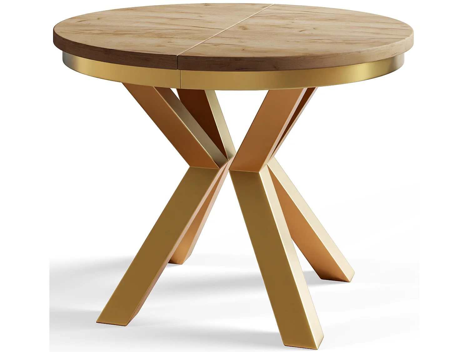 Table de salle à manger ronde LOFT, table à rallonges Diamètre : 120 cm/200 cm, couleur de la table basse : marron, avec pieds métalliques couleur or