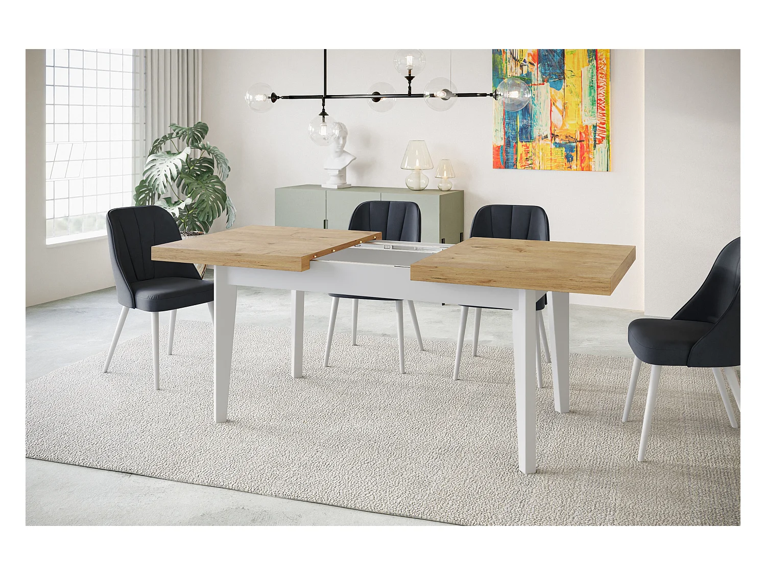 Table de salle à manger rectangulaire SKANDI, table à rallonges, dimensions: 200-300X100X78 cm, couleur du salon: LANCELOT, avec pieds en bois blanc