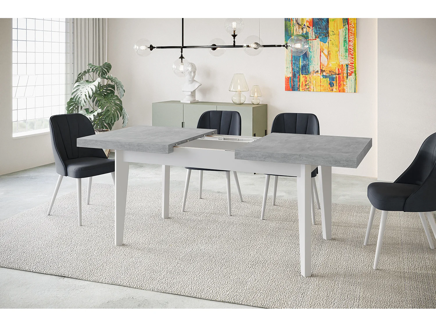 Table de salle à manger rectangulaire SKANDI, table à rallonges, dimensions: 200-300X100X78 cm, couleur: ATELIER, avec pieds en bois blanc