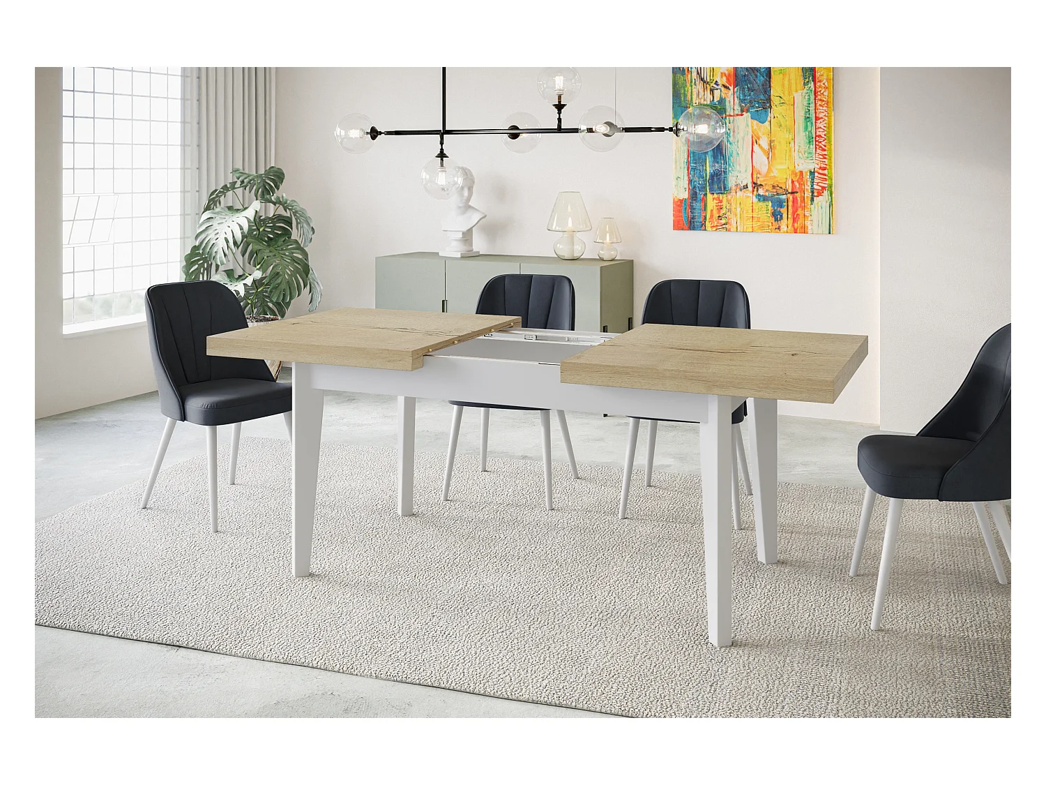 Table de salle à manger rectangulaire SKANDI, table à rallonges, dimensions: 160-210X90X78 cm, couleur: HALIFAX, avec pieds en bois blanc