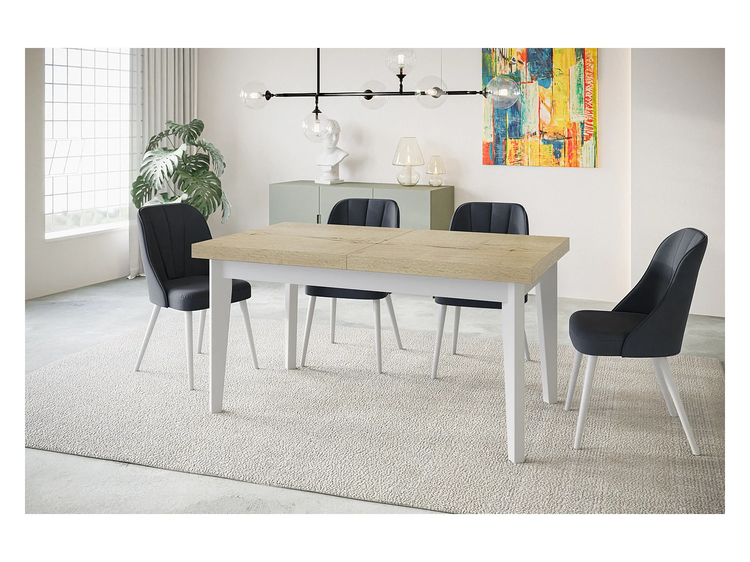 Table de salle à manger rectangulaire SKANDI, table à rallonges, dimensions: 160-210X90X78 cm, couleur: HALIFAX, avec pieds en bois blanc