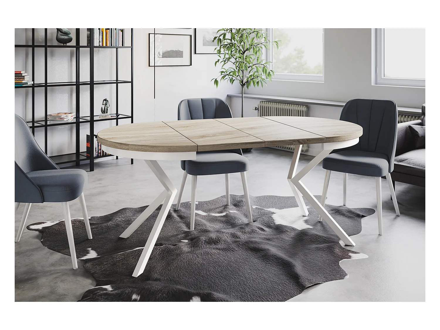 Table de salle à manger ronde BERGO, table à rallonges Diamètre : 100 cm/180 cm, couleur de la table basse : beige, avec pieds métalliques de couleur blanche