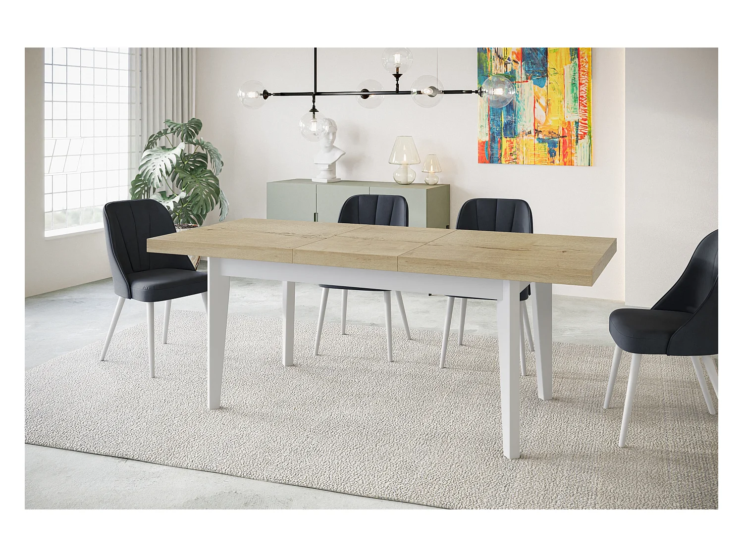 Table de salle à manger rectangulaire SKANDI, table à rallonges, dimensions: 140-180X80X78 cm, couleur: HALIFAX, avec pieds en bois blanc