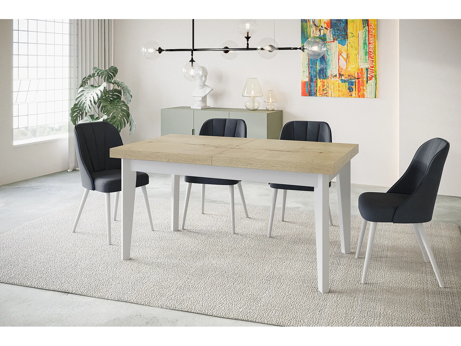 Table de salle à manger rectangulaire SKANDI, table à rallonges, dimensions: 140-180X80X78 cm, couleur: HALIFAX, avec pieds en bois blanc