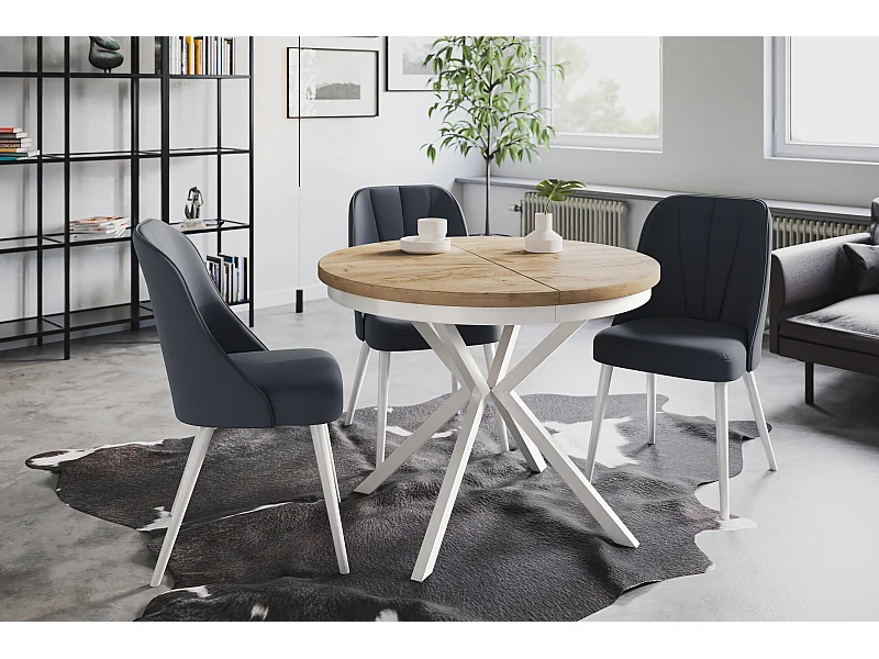 Table de salle à manger ronde BERGO, table à rallonges Diamètre : 100 cm/180 cm, couleur de la table basse : marron, avec pieds métalliques de couleur blanche