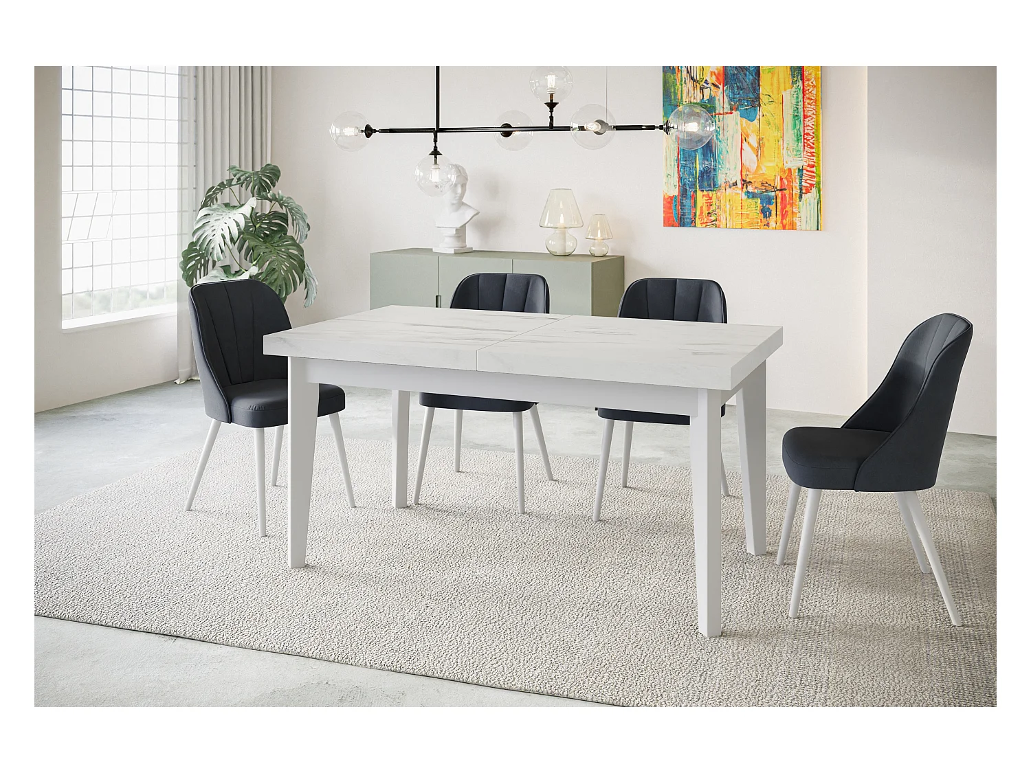 Table de salle à manger rectangulaire SKANDI, table à rallonges, dimensions: 200-300X100X78 cm, couleur: MARBRE, avec pieds en bois de couleur blanche