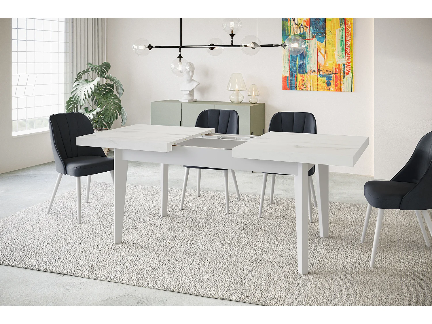 Table de salle à manger rectangulaire SKANDI, table à rallonges, dimensions: 200-300X100X78 cm, couleur: MARBRE, avec pieds en bois de couleur blanche