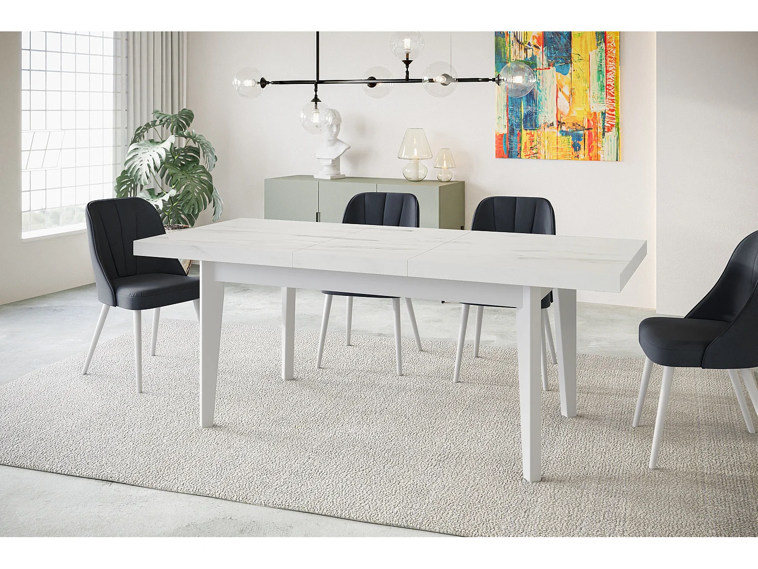 Table de salle à manger rectangulaire SKANDI, table à rallonges, dimensions: 200-300X100X78 cm, couleur: MARBRE, avec pieds en bois de couleur blanche