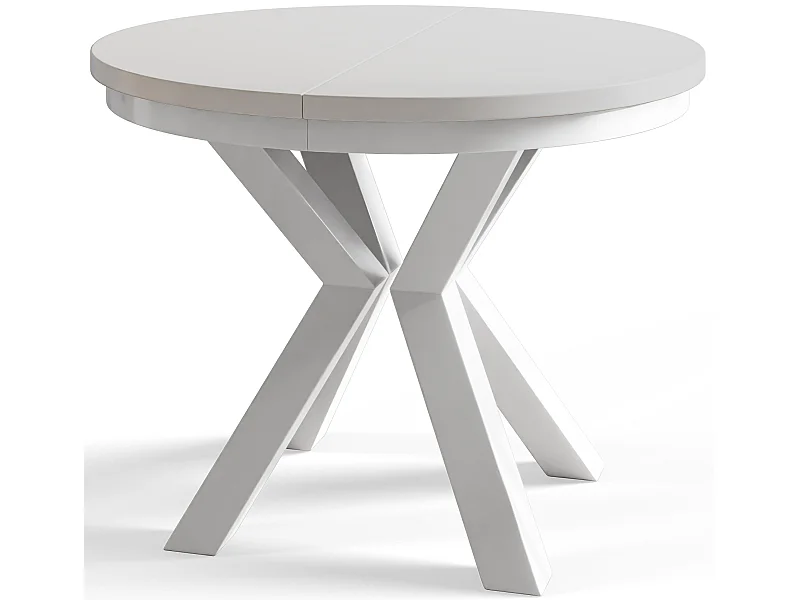Table de salle à manger ronde LOFT, table à rallonges Diamètre : 120 cm/200 cm, couleur de la table basse : blanc, avec pieds métalliques de couleur blanche
