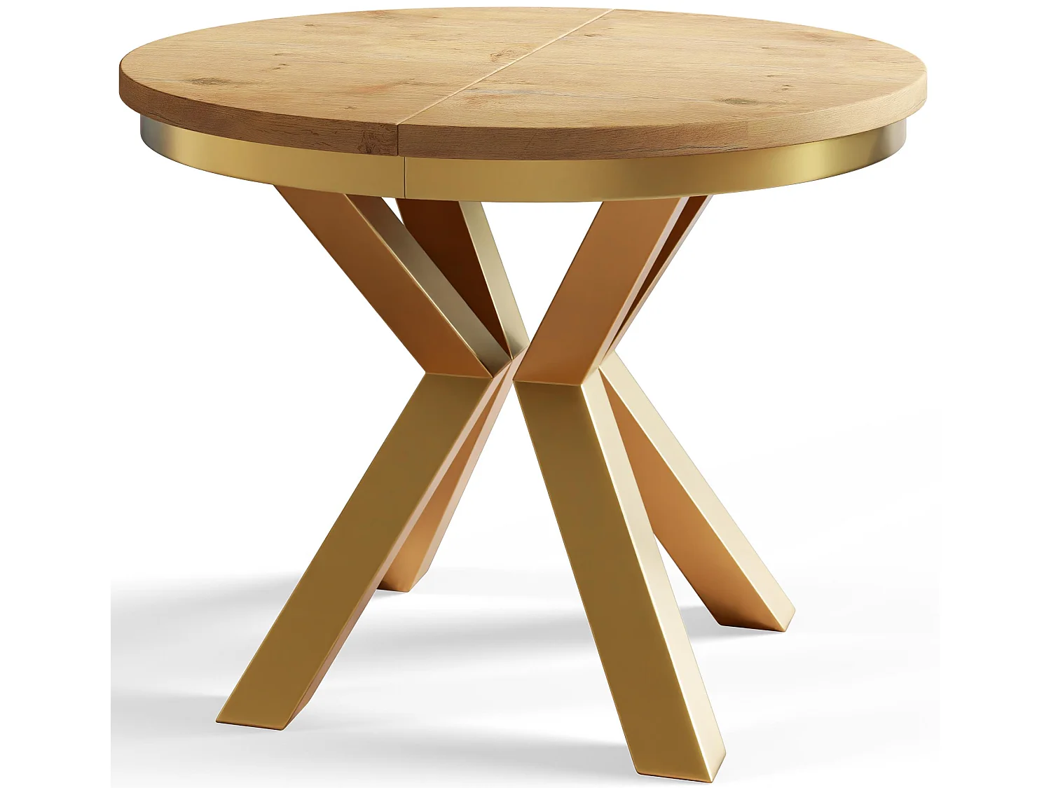 Table de salle à manger ronde LOFT, table à rallonges Diamètre : 120 cm/200 cm, couleur de la table basse : marron clair, avec pieds métalliques couleur or