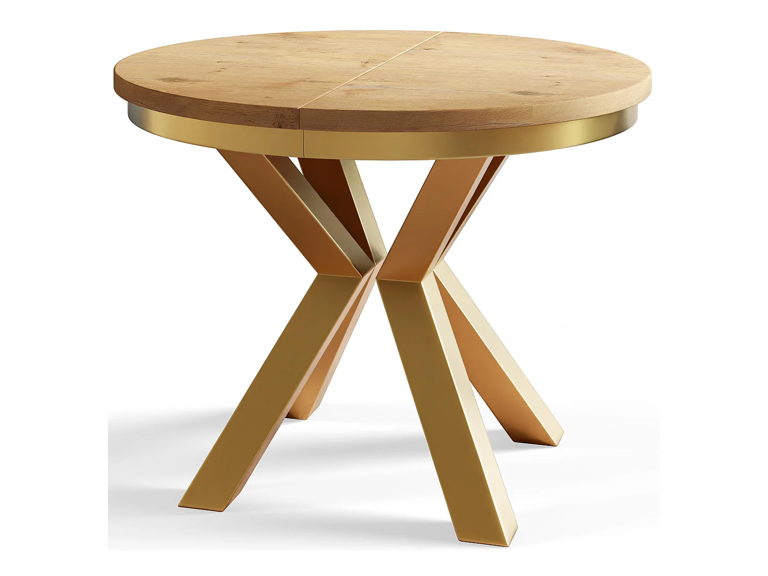 Table de salle à manger ronde LOFT, table à rallonges Diamètre : 120 cm/200 cm, couleur de la table basse : marron clair, avec pieds métalliques couleur or