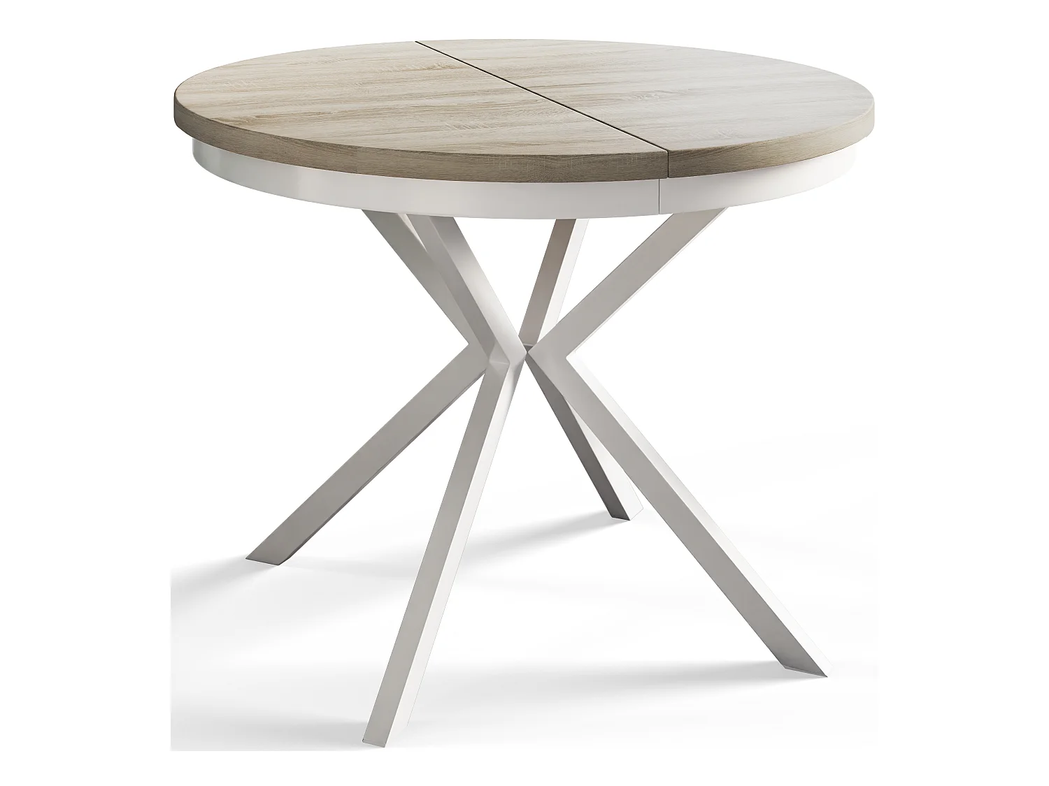 Table de salle à manger ronde BERGO, table à rallonges Diamètre : 120 cm/200 cm, couleur de la table basse : beige, avec pieds métalliques de couleur blanche