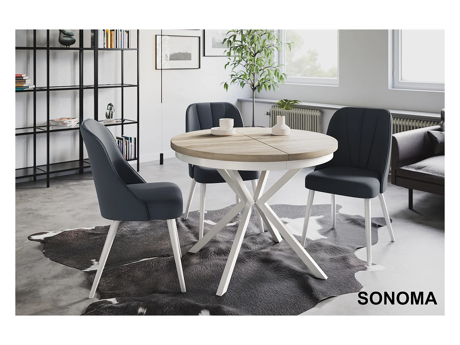 Table de salle à manger ronde BERGO, table à rallonges Diamètre : 120 cm/200 cm, couleur de la table basse : beige, avec pieds métalliques de couleur blanche