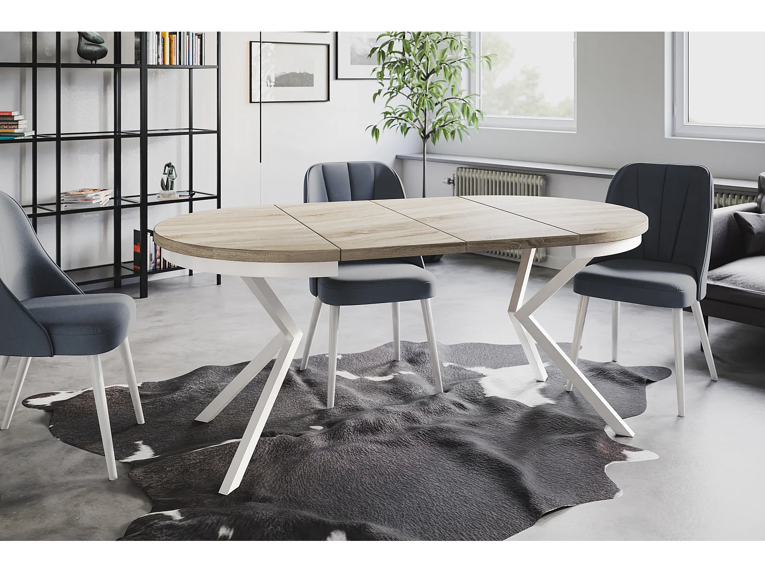 Table de salle à manger ronde BERGO, table à rallonges Diamètre : 120 cm/200 cm, couleur de la table basse : beige, avec pieds métalliques de couleur blanche