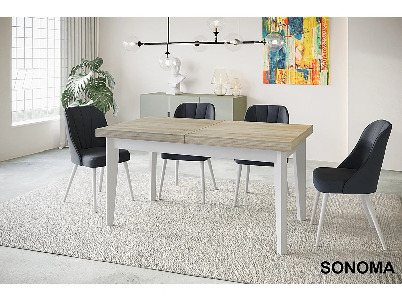 Table de salle à manger rectangulaire SKANDI, table à rallonges, dimensions: 200-300X100X78 cm, couleur: SONOMA, avec pieds en bois blanc