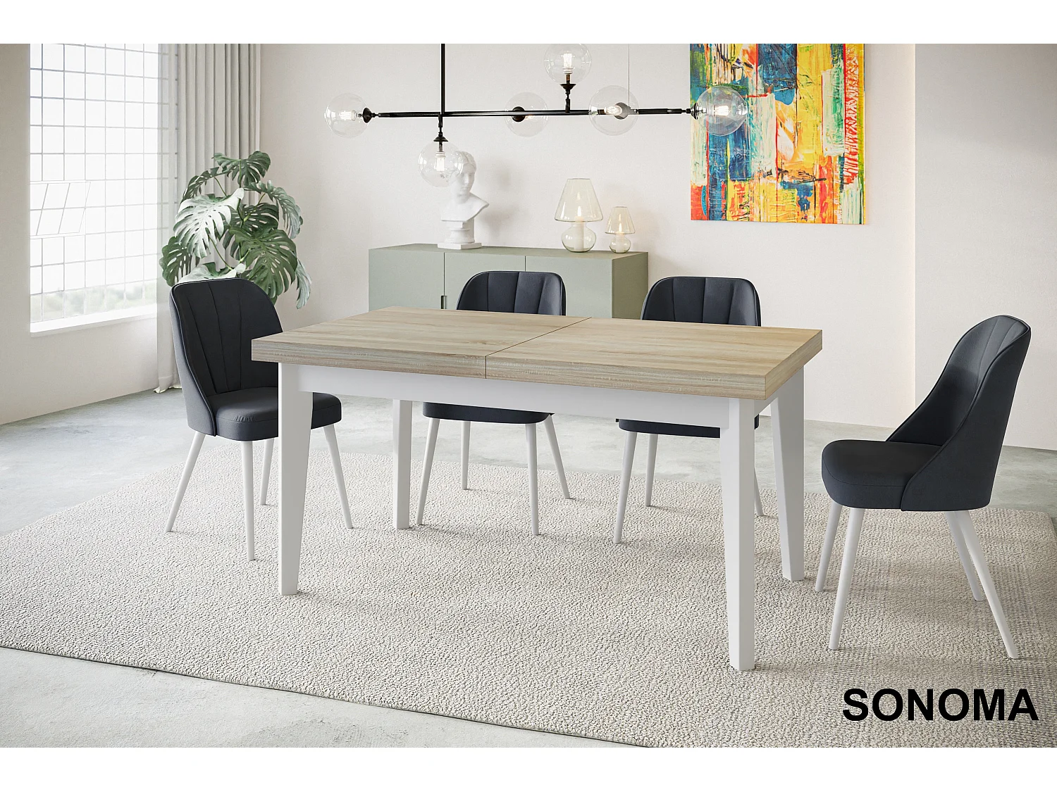 Table de salle à manger rectangulaire SKANDI, table à rallonges, dimensions: 200-300X100X78 cm, couleur: SONOMA, avec pieds en bois blanc