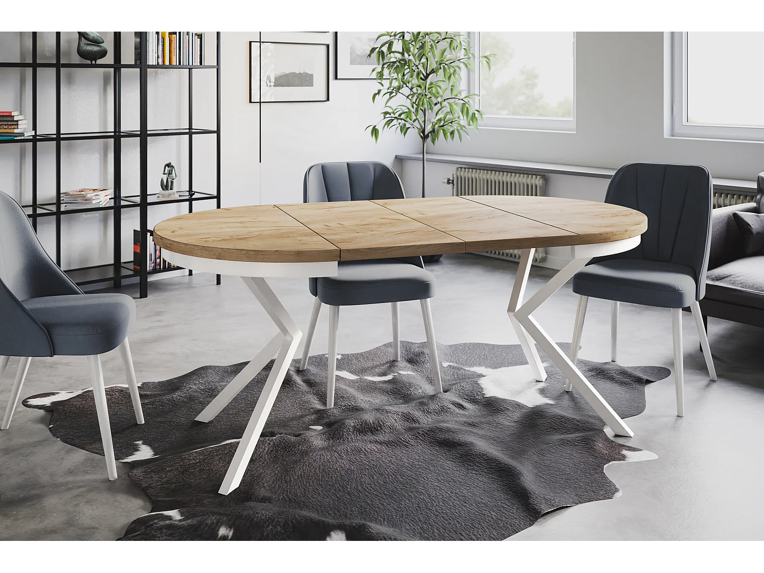 Table de salle à manger ronde BERGO, table à rallonges Diamètre : 90 cm/170 cm, couleur de la table basse : marron, avec pieds métalliques de couleur blanche